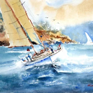 Watercolor original paintings of a sailing boat