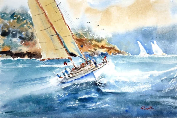 Watercolor original paintings of a sailing boat